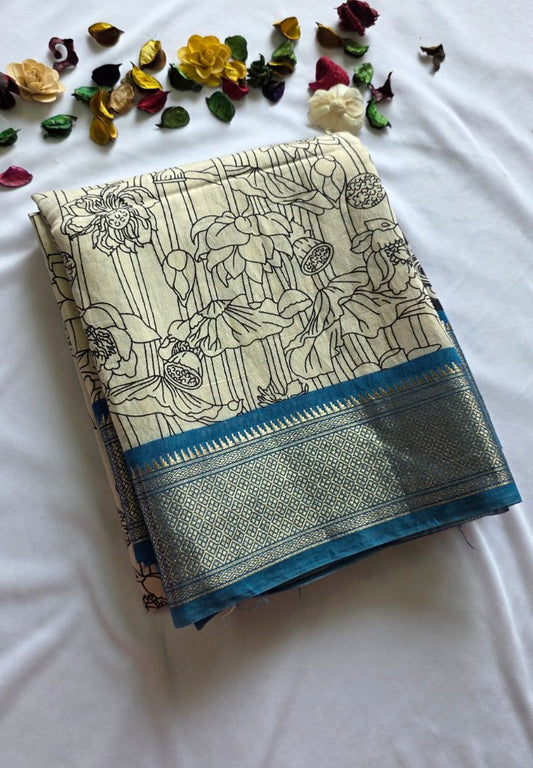 Rich White Kalamkari hand block printed modal cotton saree