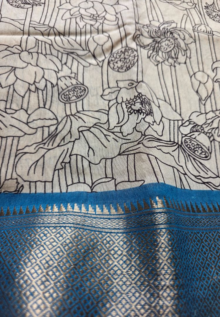 Rich White Kalamkari hand block printed modal cotton saree