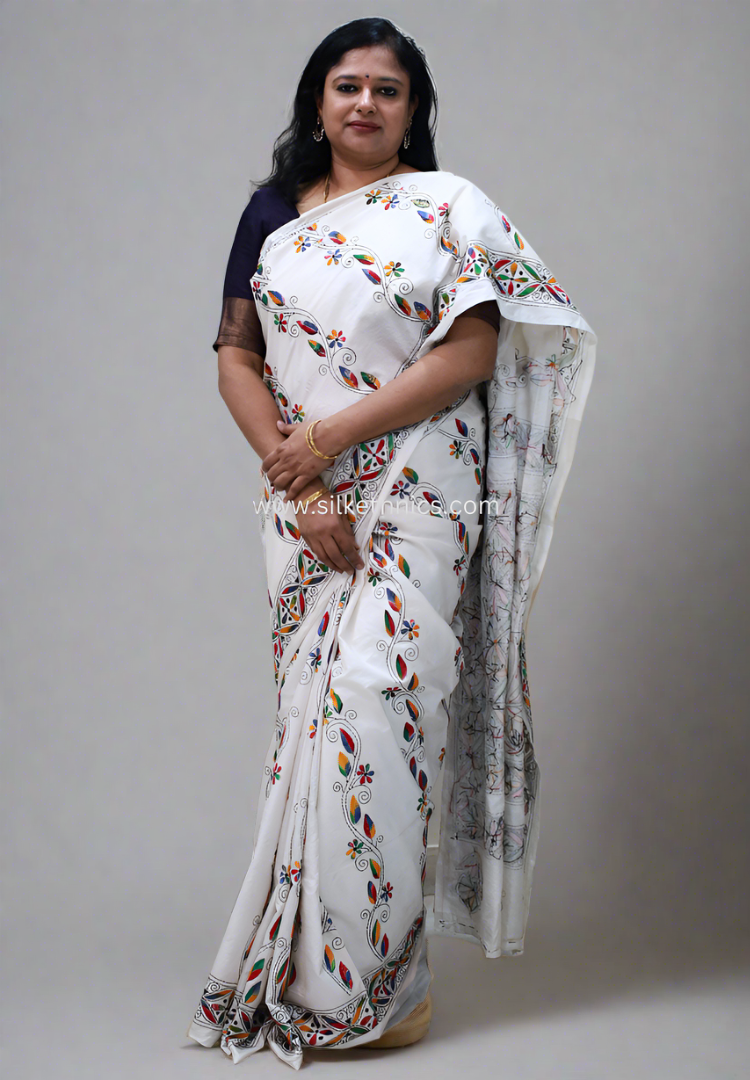 Pearl white hand embroidered silk saree