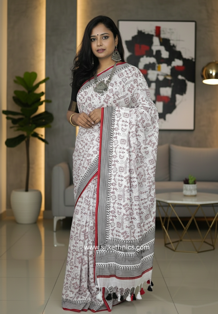 Cotton white Rangreet saree