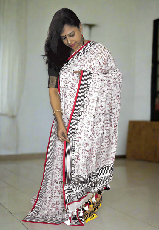 Cotton white Rangreet saree