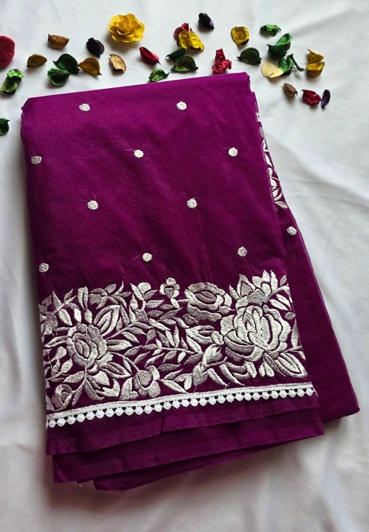 Rich wine Banarasi organza embroidered saree