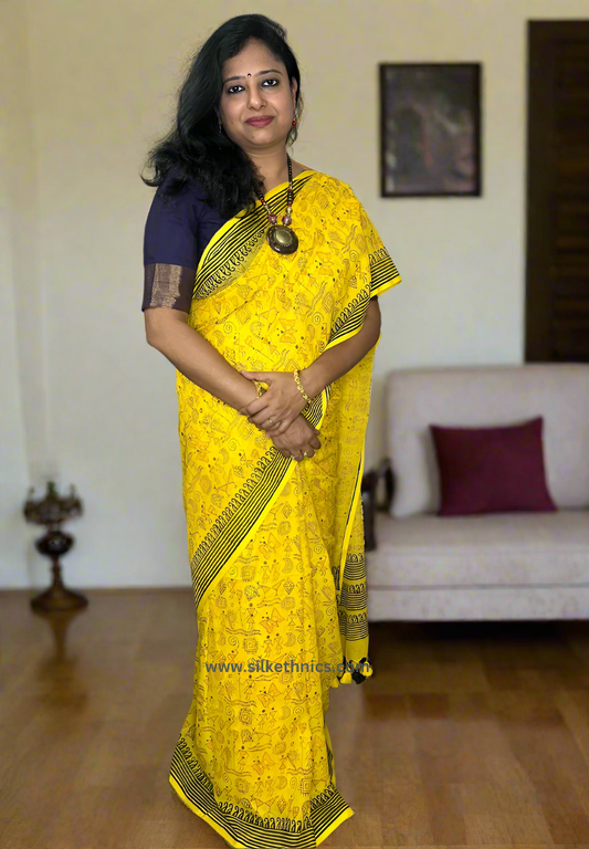 Sunshine yellow Rangreet Mul cotton saree