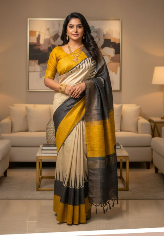 Yellow Gold and Black handloom Gicha Tussar silk saree