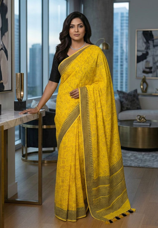 Sunshine yellow Rangreet Mul cotton saree by Silk Ethnics