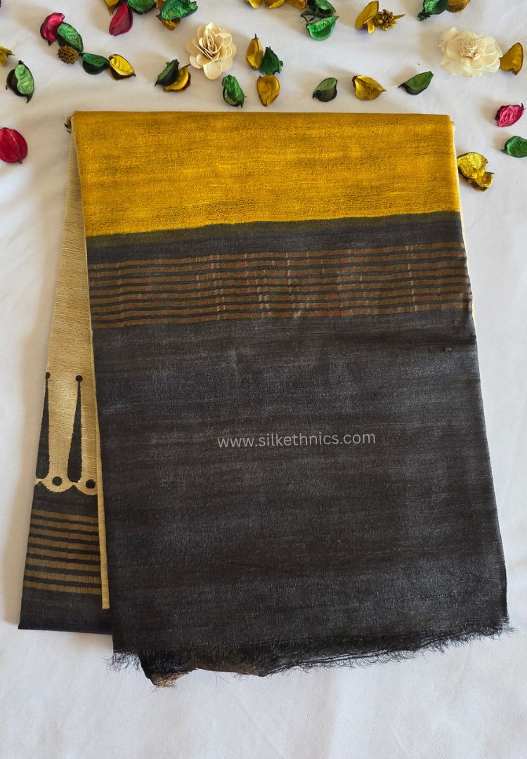 Yellow Gold and Black handloom Gicha Tussar silk saree