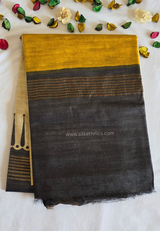 Yellow Gold and Black handloom Gicha Tussar silk saree