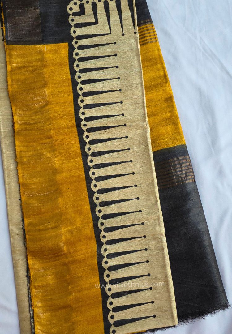 Yellow Gold and Black handloom Gicha Tussar silk saree