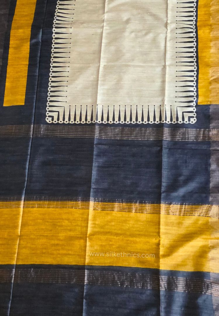 Yellow Gold and Black handloom Gicha Tussar silk saree