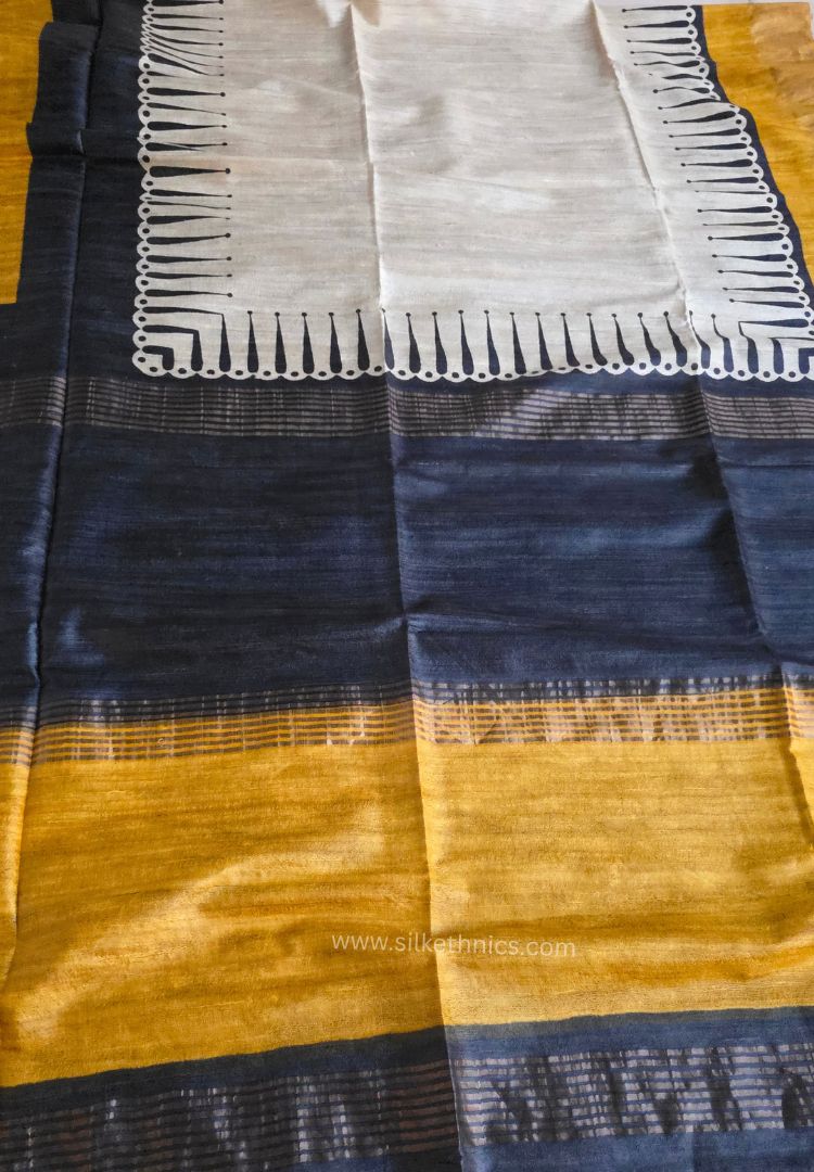 Yellow Gold and Black handloom Gicha Tussar silk saree