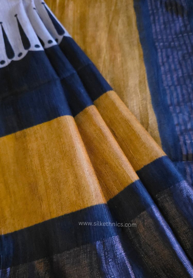 Yellow Gold and Black handloom Gicha Tussar silk saree