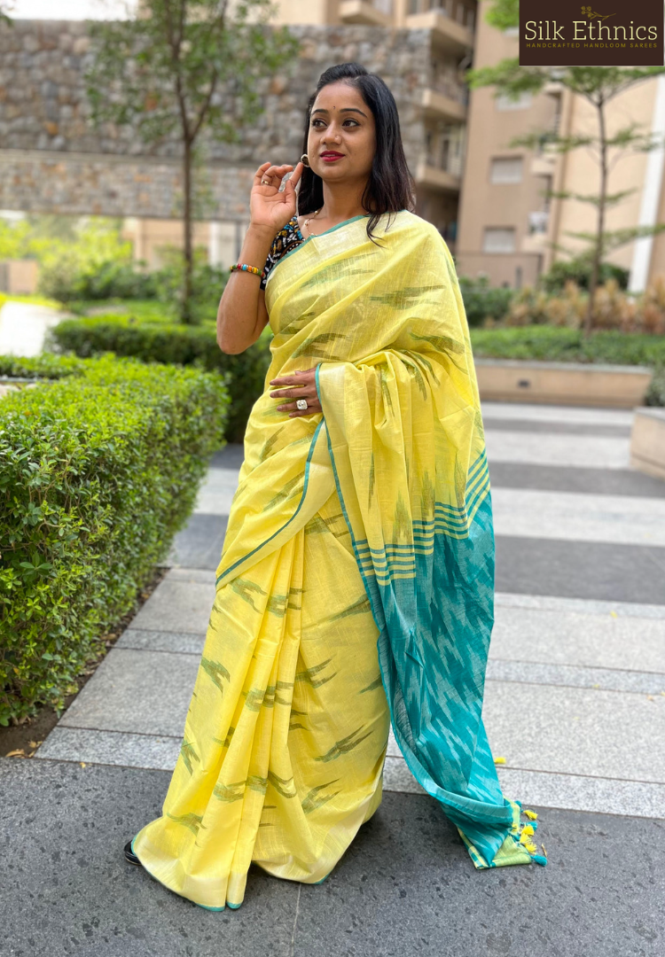 Lemon yellow and green linen ikkat weaving saree