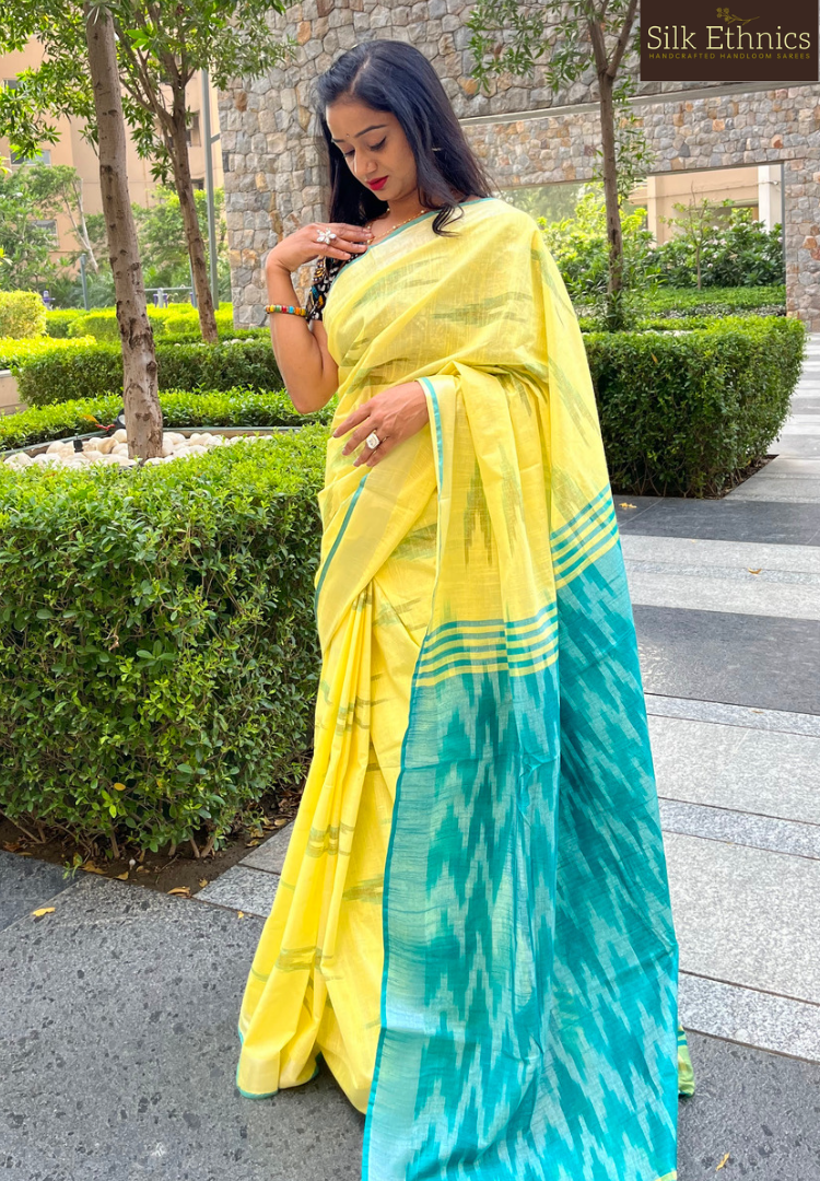 Lemon yellow and green linen ikkat weaving saree