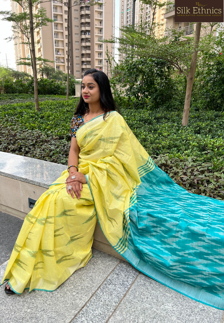 Lemon yellow and green linen ikkat weaving saree