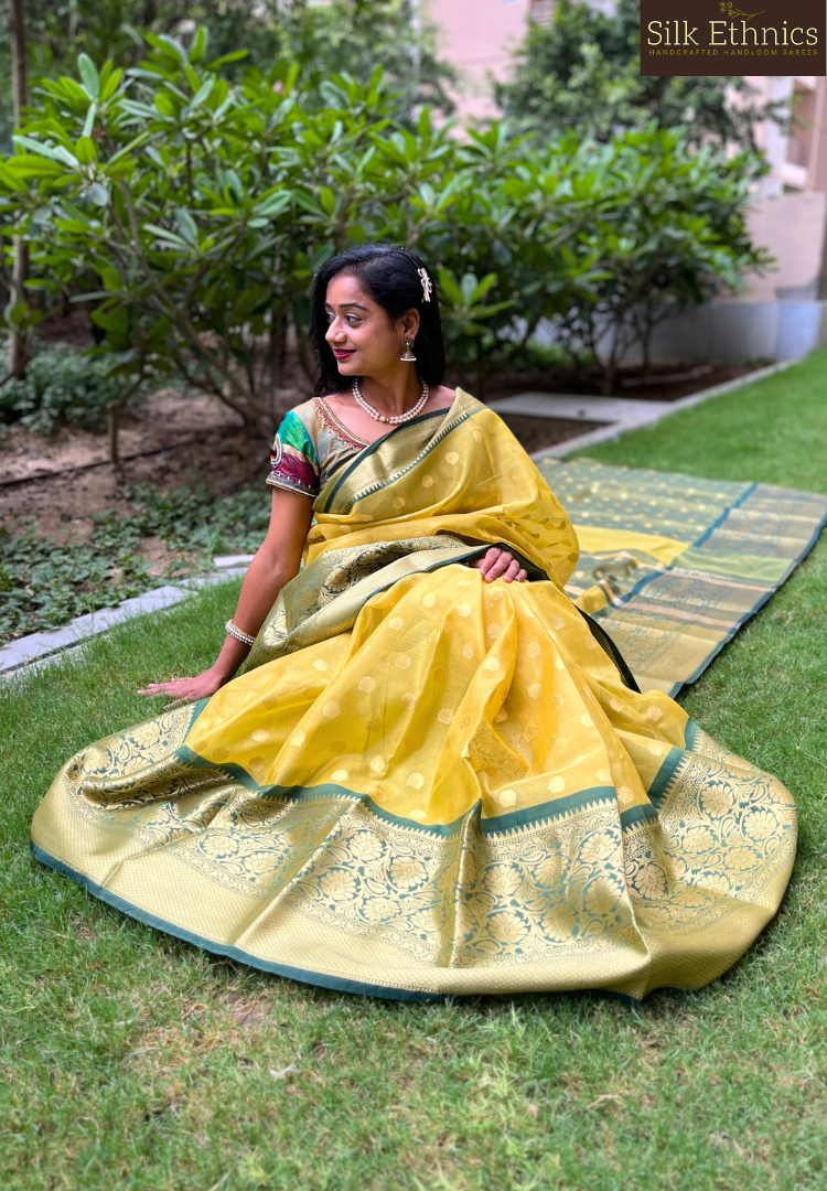 Lemon yellow Banarasi tissue silk saree