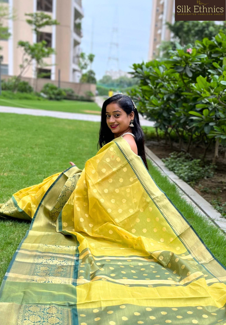 Buy Lemon Yellow Tissue Saree online-Karagiri