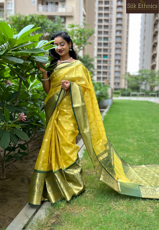 Lemon yellow Banarasi tissue silk saree