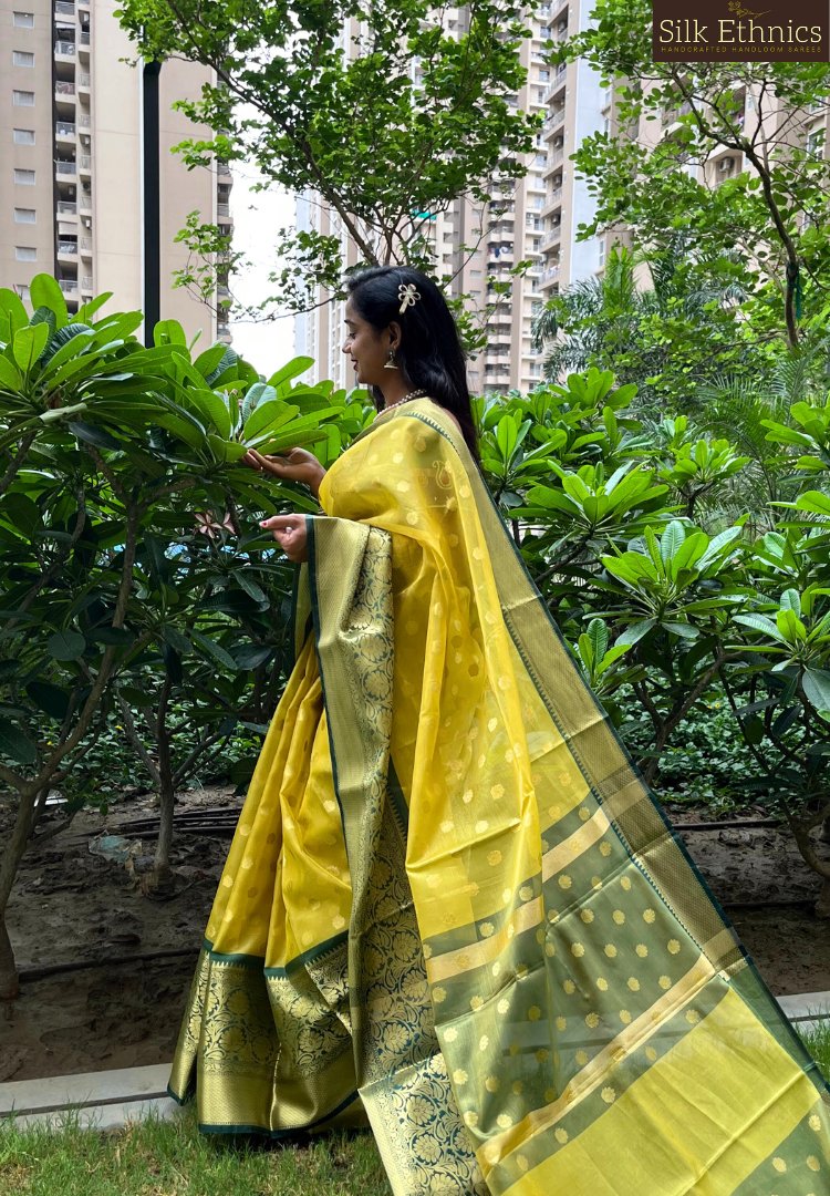 Lemon yellow Banarasi tissue silk saree