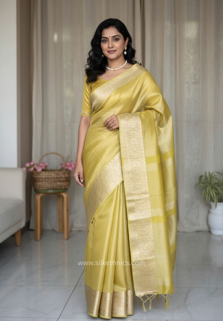 Yellow Gold Banarasi Crushed Tissue saree