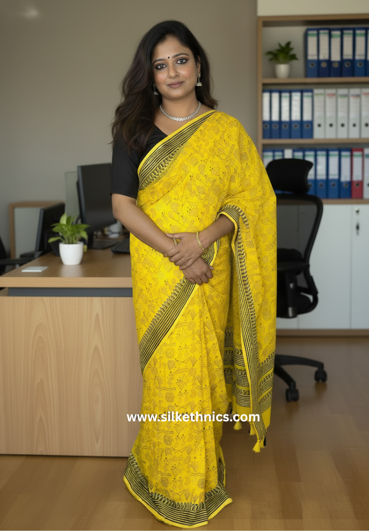 Sunshine yellow Rangreet Mul cotton saree