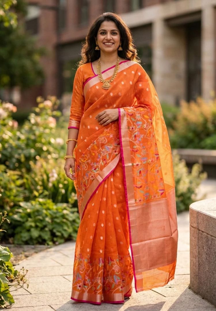 Festive Orange Kota silk zari weaving saree