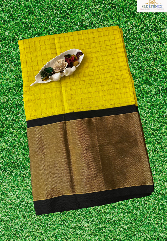 Yellow and gold chequered Chanderi Silk saree