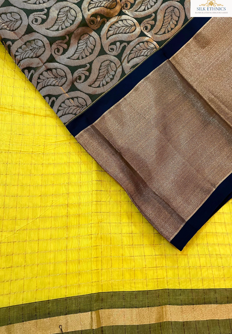 Yellow and gold chequered Chanderi Silk saree