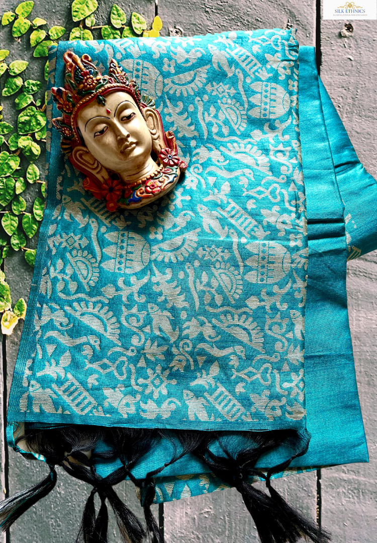 Turquoise blue Tussar silk saree