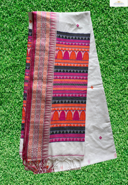 Pearl white Assam hand weaving saree