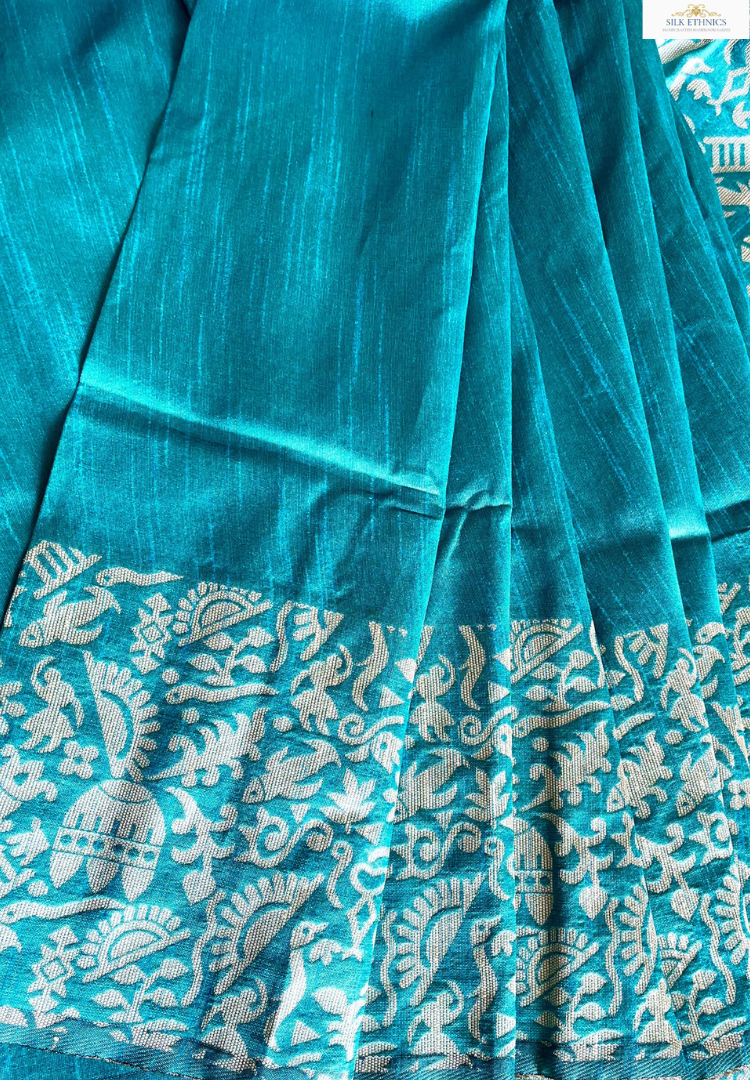 Turquoise blue Tussar silk saree