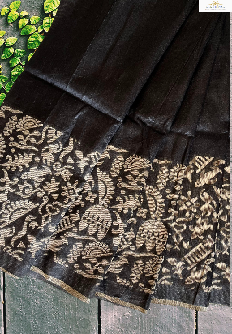 Black handloom tussar silk saree