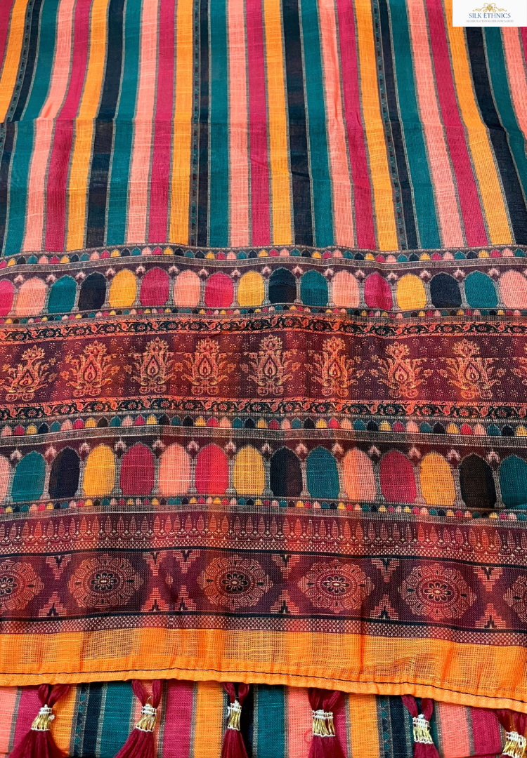 Traditional Ikkat Patola multicoloured linen saree