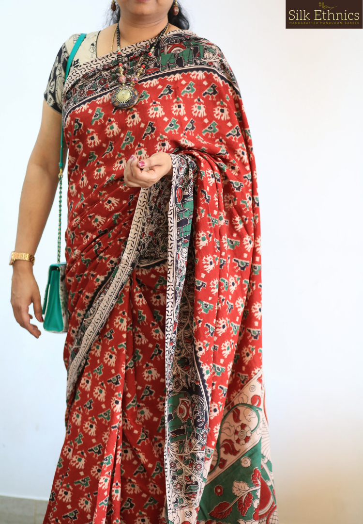 Rich red pure handloom Kalamkari saree