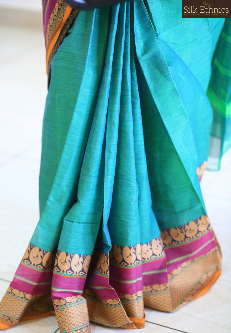 Teal green Mangalagiri pure handloom saree