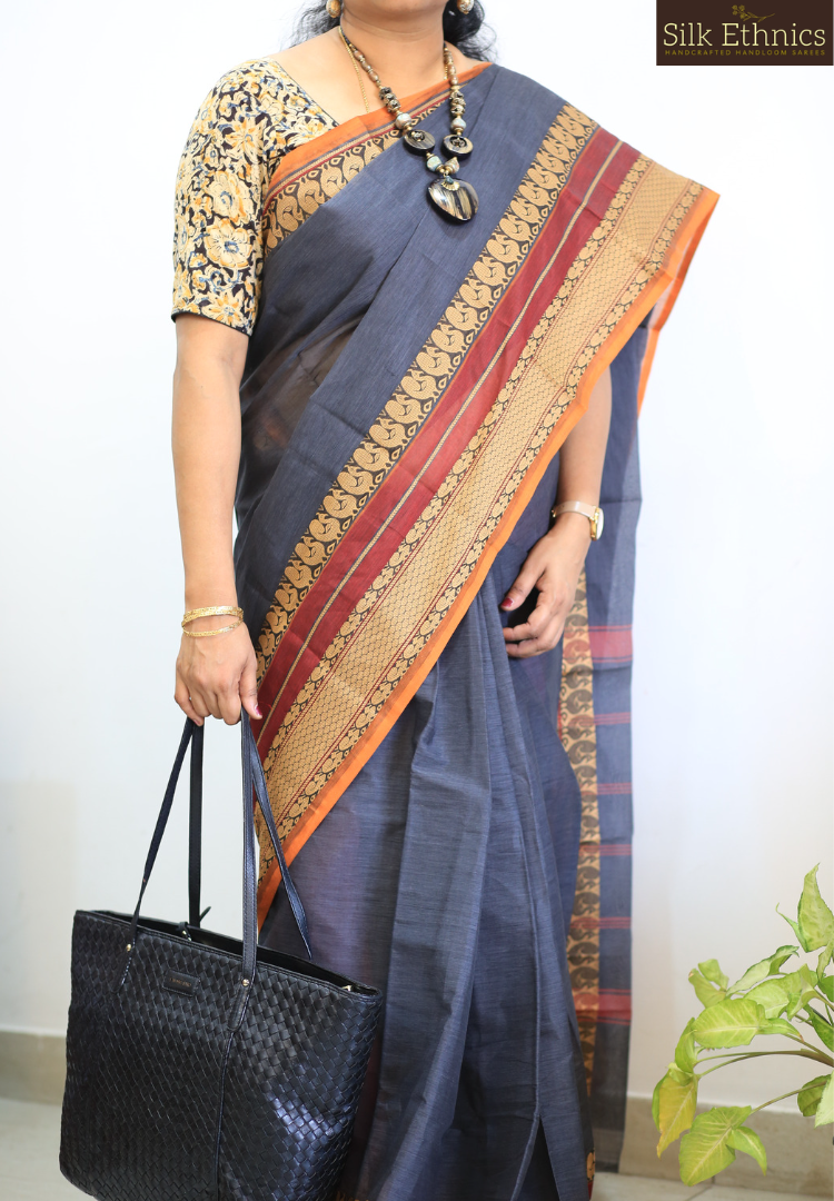 Lead grey Mangalagiri pure handloom saree