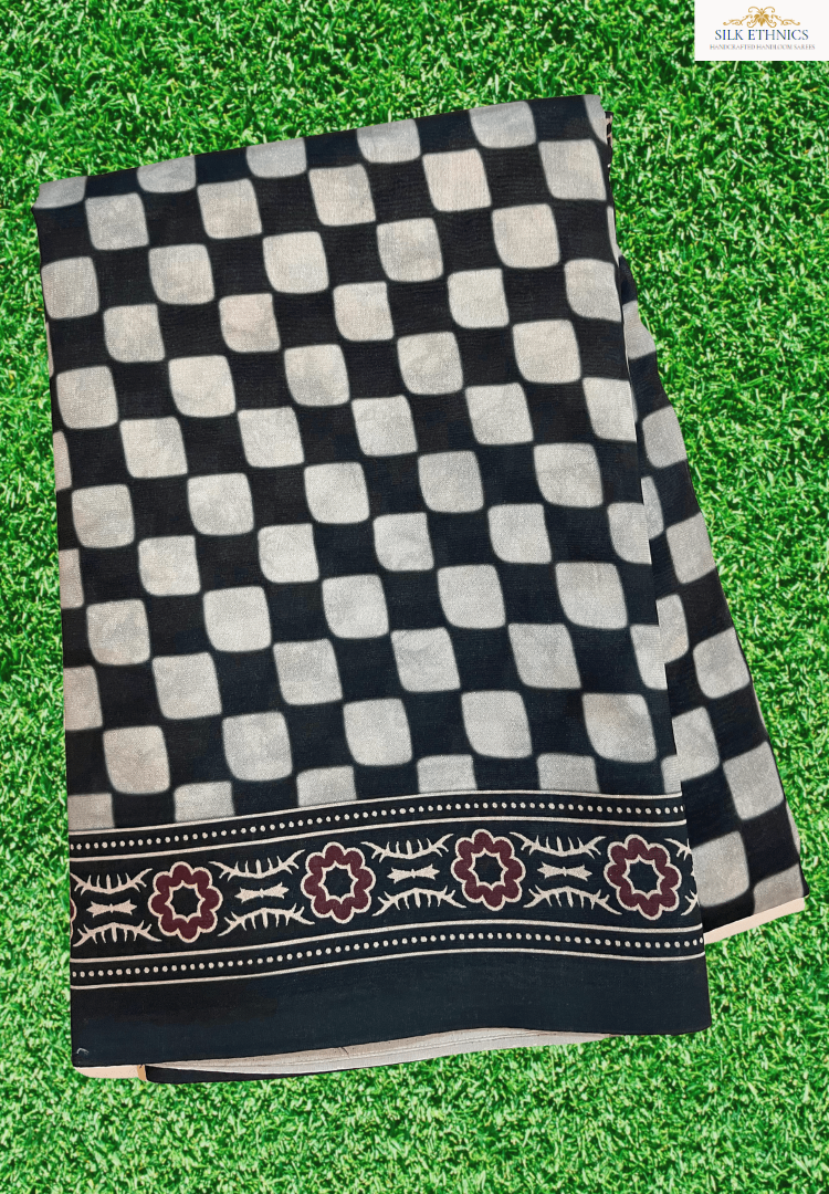 Black checks Ajrakh soft silk saree