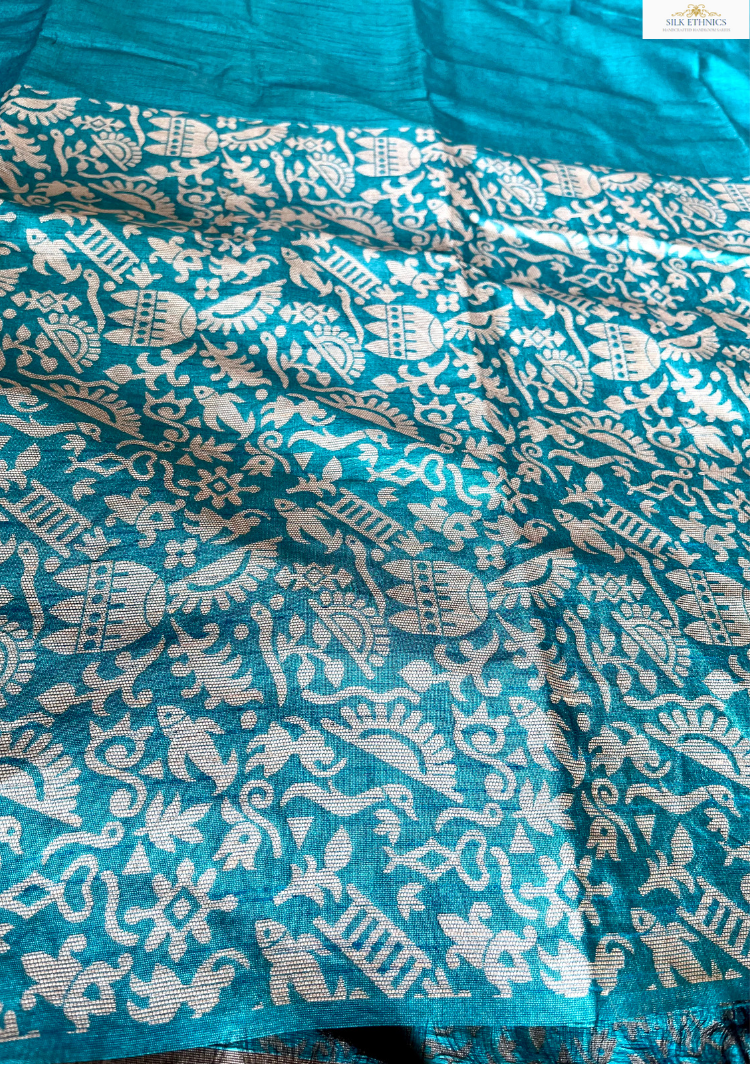 Turquoise blue Tussar silk saree