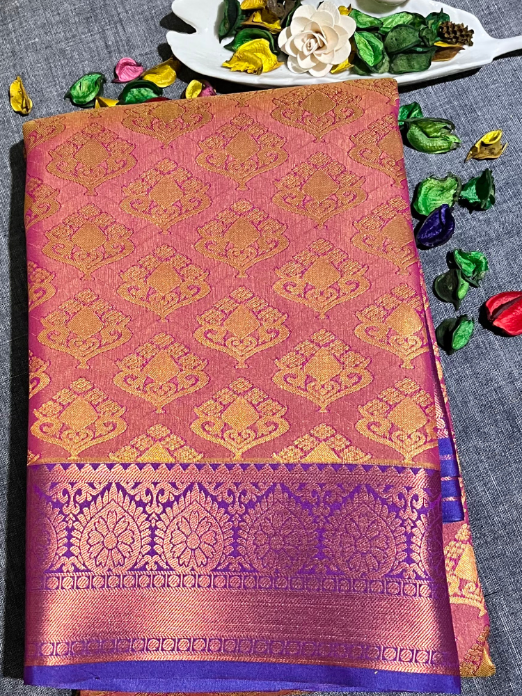 Light pink Meena Copper zari saree